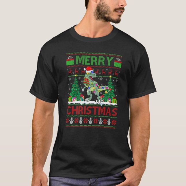 Dinosaur  Xmas Tree Light Ugly Santa Dinosaur Chri T-Shirt (Front)