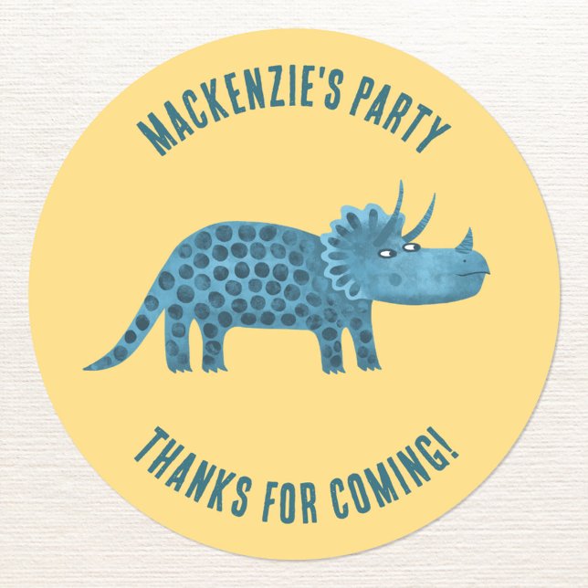 Dinosaur Yellow Party Thank You Classic Round Sticker (Triceratops dinosaur kids party thanks for coming personalized sticker)