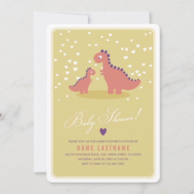 Dinosaur Yellow Pink Baby Shower Invite Rounded (Front)