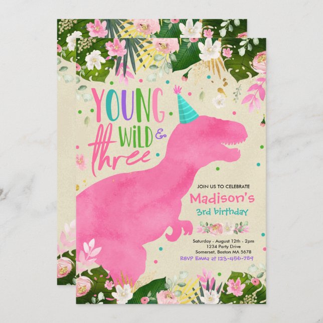 Dinosaur Young Wild And Free Dinosaur Birthday Invitation (Front/Back)