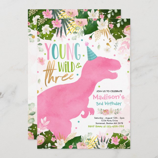 Dinosaur Young Wild And Free Dinosaur Birthday Invitation (Front/Back)
