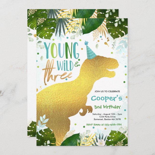 Dinosaur Young Wild And Three Dinosaur Birthday Invitation (Front/Back)