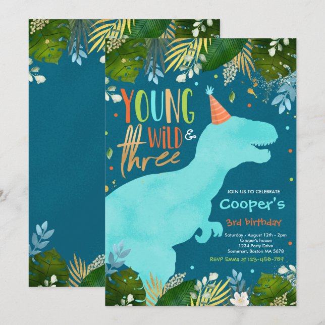 Dinosaur Young Wild And Three Dinosaur Birthday Invitation (Front/Back)