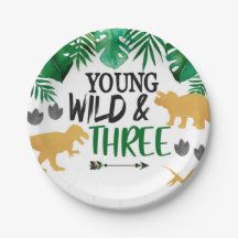 Dinosaur Young Wild Three Birthday Party Plates