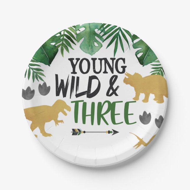 Dinosaur Young Wild Three Birthday Party Plates (Front)