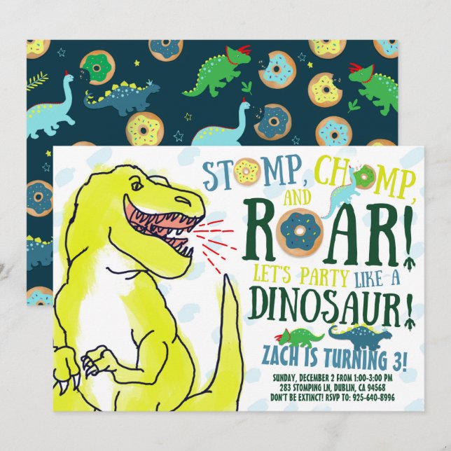 Dinosaurs and Doughnuts Birthday Party Invitation (Front/Back)