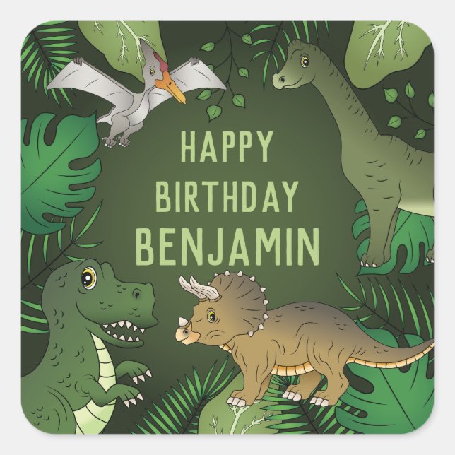 Dinosaurs And Green Plants Kid's Happy Birthday Square Sticker (Front)