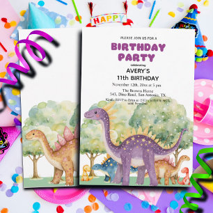 Dinosaurs and Trees Colourful 11th Birthday Party Invitation
