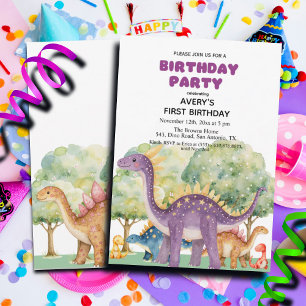 Dinosaurs and Trees Colourful 1st Birthday Party Invitation