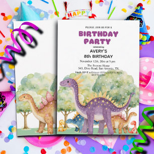 Dinosaurs and Trees Colourful 8th Birthday Party Invitation