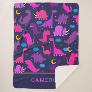Dinosaurs At Night Pink Purple Girls Personalized Sherpa Blanket