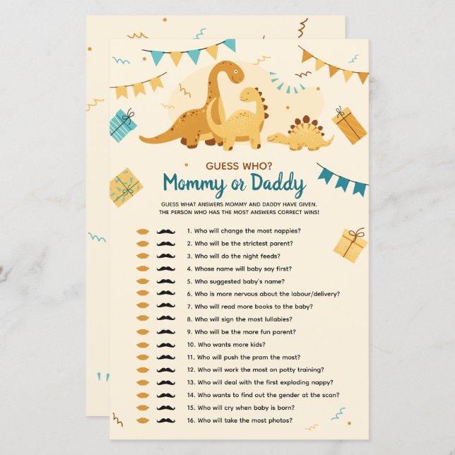 Dinosaurs Baby Shower Guess Who Mummy or Daddy (Front/Back)