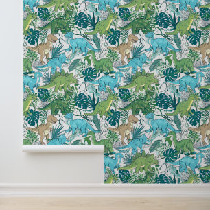 Dinosaurs Blue Green Seamless Wallpaper