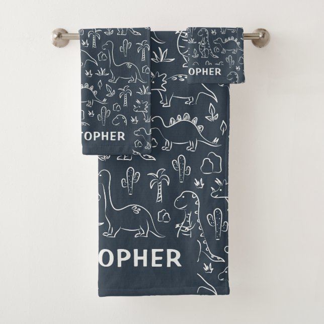 Dinosaurs Boy Name Dino Cute Jungle Dark Blue Bath Towel Set (Insitu)