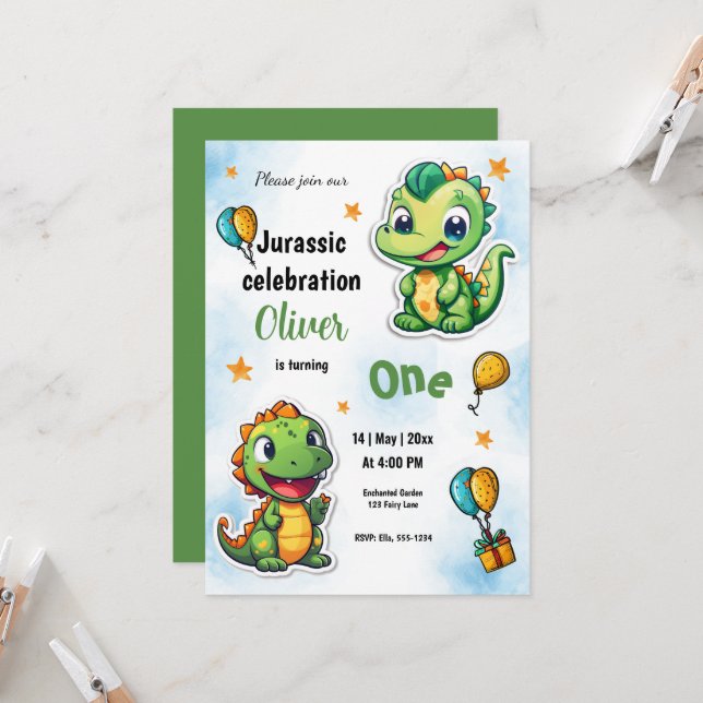 Dinosaurs Cartoon Boy First Birthday Party Invitation (Front/Back In Situ)