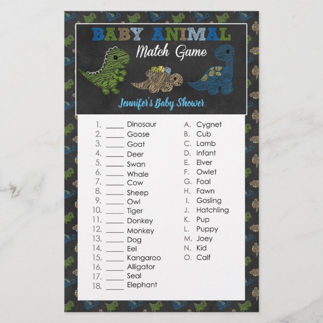 Dinosaurs Chalkboard Baby Shower Animal Match Game (Front)
