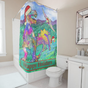 Dinosaurs christmas T rex Santa funny snow scene Shower Curtain