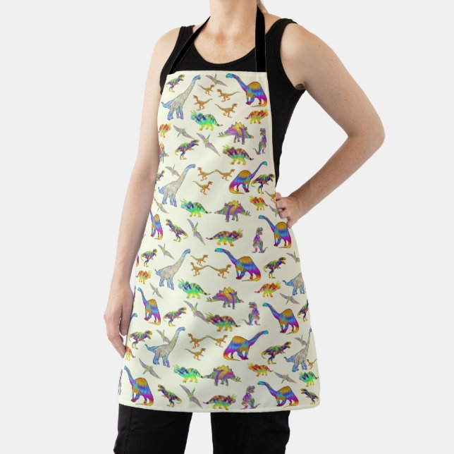 Dinosaurs colourful psychedelic fun pattern apron (Insitu)