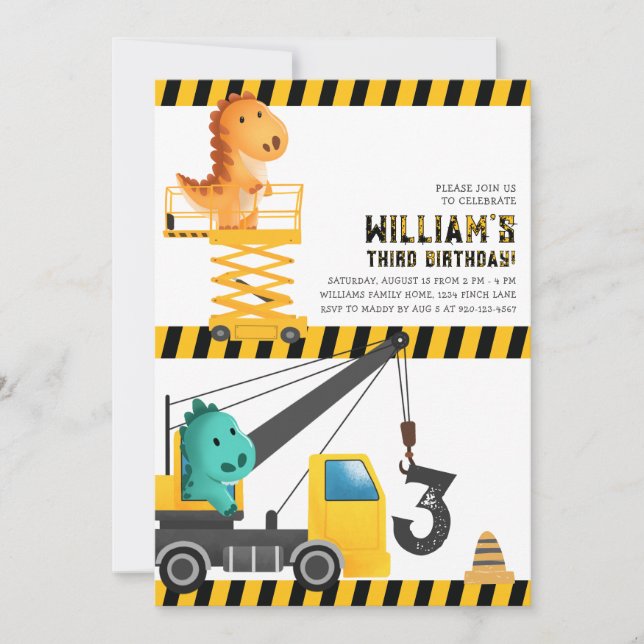 Dinosaurs Construction Birthday Party Invitation (Front)