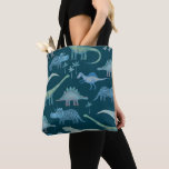 Dinosaurs Dark Green Tote Bag<br><div class="desc">Lots of blue dinosaurs,  Tyrannosaurus rex,  Spinosaurus,  Stegosaurus,  Diplodocus and Triceratops.</div>