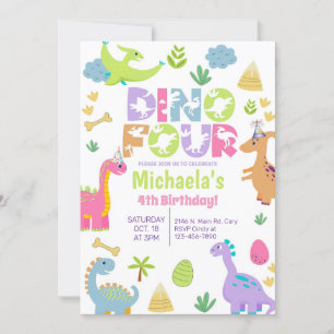 Dinosaurs dino-four girl 4th birthday invitation. invitation