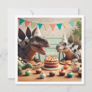 Dinosaurs eating cake birthday invitation