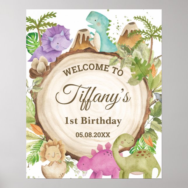 Dinosaurs Girl 1st Birthday Baby Shower Welcome  Poster (Front)