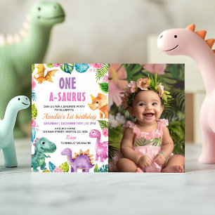 Dinosaurs Girl 1st Birthday Photo Invitation