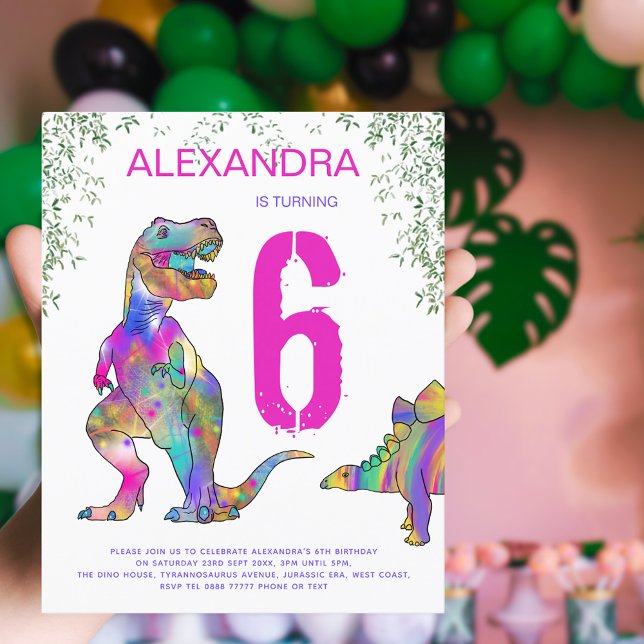Dinosaurs Girls 6th Birthday Party pink Budget (Girls pink dinosaur 6th birthday party budget invitation with colorful T-Rex stegosaurus dinos )