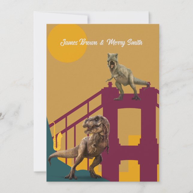 Dinosaurs in Love City Bridge Scenery Wedding Invitation (Front)