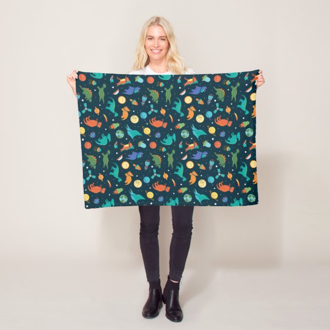 Dinosaurs In Space Planets Rocket Ships  Fleece Blanket (In Situ)