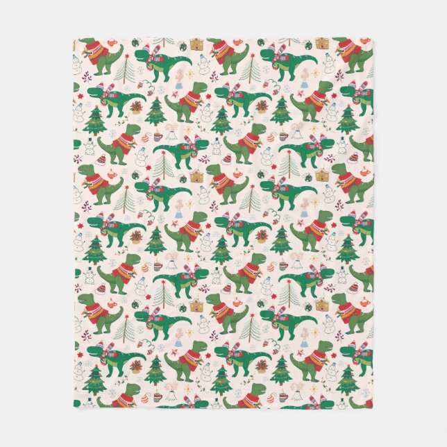 Dinosaurs in Sweaters Christmas Pattern Fleece Blanket (Front)