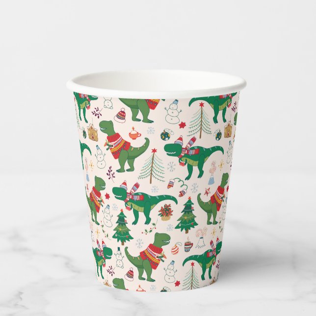 Dinosaurs in Sweaters Christmas Pattern Paper Cups (Front)