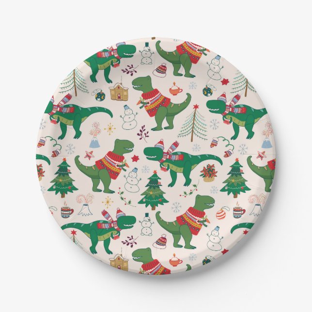Dinosaurs in Sweaters Christmas Pattern Paper Plate (Front)