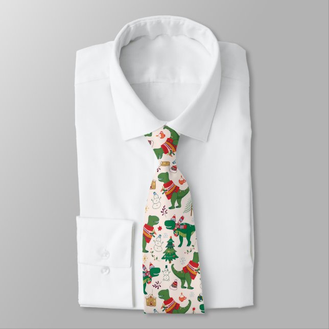 Dinosaurs in Sweaters Christmas Pattern Tie (Tied)