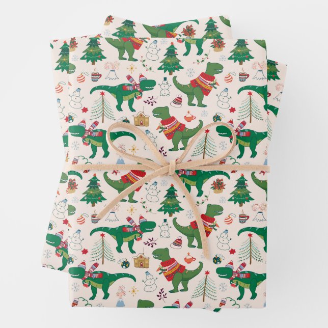 Dinosaurs in Sweaters Christmas Pattern Wrapping Paper Sheet (In situ)