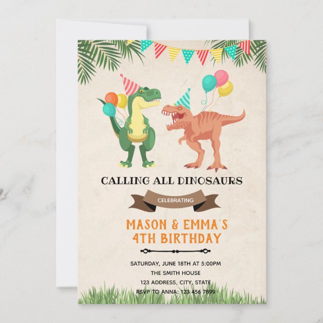 Dinosaurs joint birthday card invitation (Front)