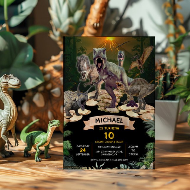 Dinosaurs Jurassic Birthday Party Stomp Chomp Roar Invitation (Prehistoric Dinosaur T-Rex Birthday Party Invitation)