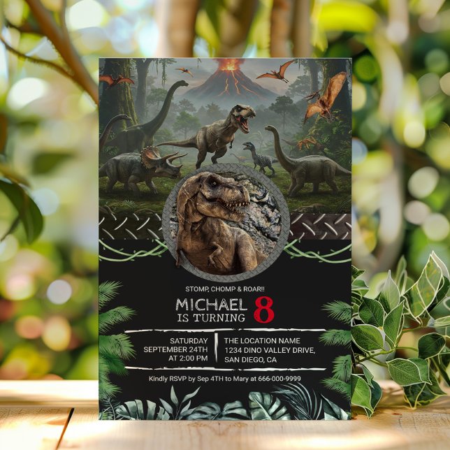 Dinosaurs Jurassic Birthday Party Stomp Chomp Roar Invitation (Prehistoric T-Rex Dinosaur Birthday Party Invitation)