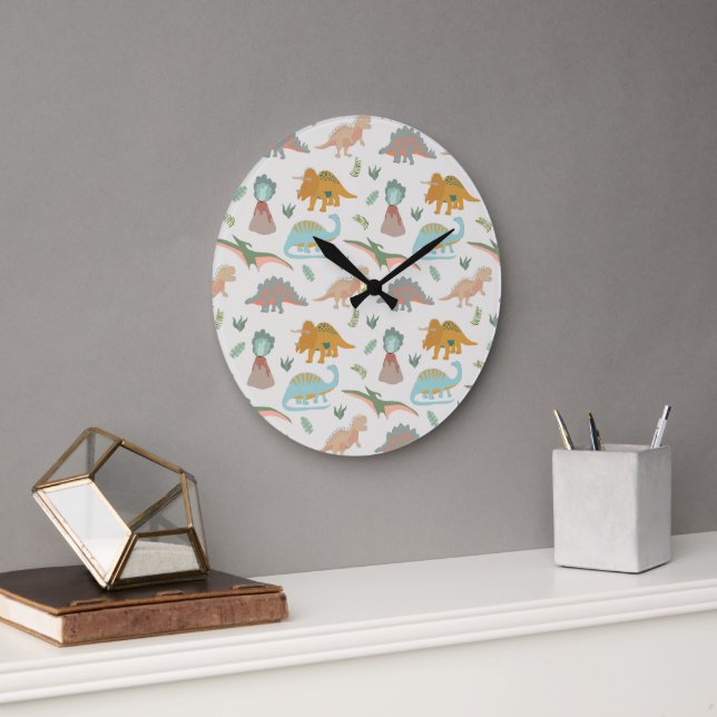Dinosaurs Kids Hand Drawn Boho Dinosaur Bedroom Large Clock (Office)