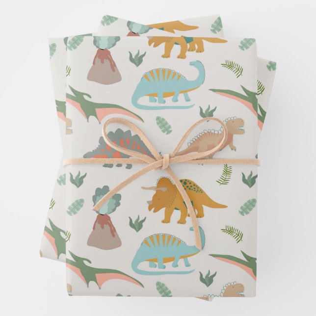 Dinosaurs Kids Hand Drawn Boho Dinosaur Pattern Wrapping Paper Sheet (In situ)