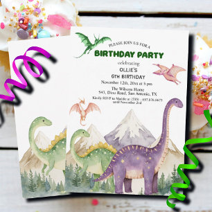 Dinosaurs & Mountains Colourful 6th Birthday Party Invitation