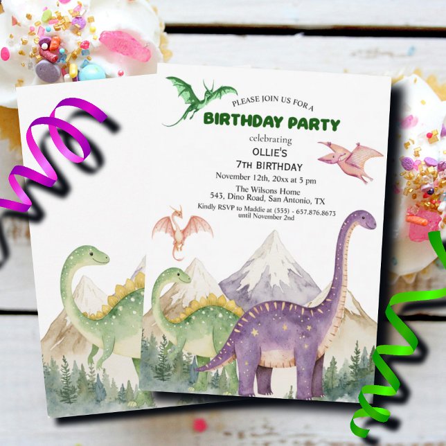 Dinosaurs & Mountains Colourful 7th Birthday Party Invitation (Creator Uploaded)