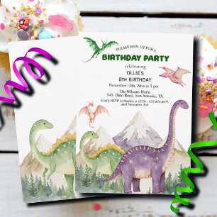 Dinosaurs & Mountains Colourful 8th Birthday Party Invitation