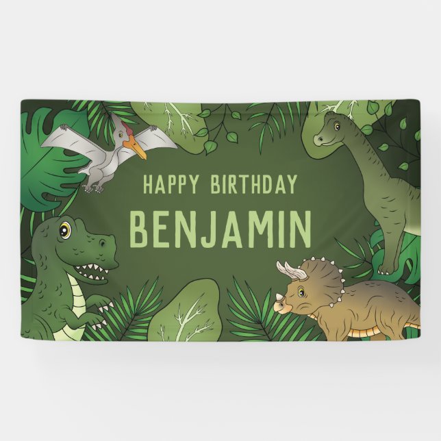 Dinosaurs On Green Cute Kid's Happy Birthday Banner (Horizontal)