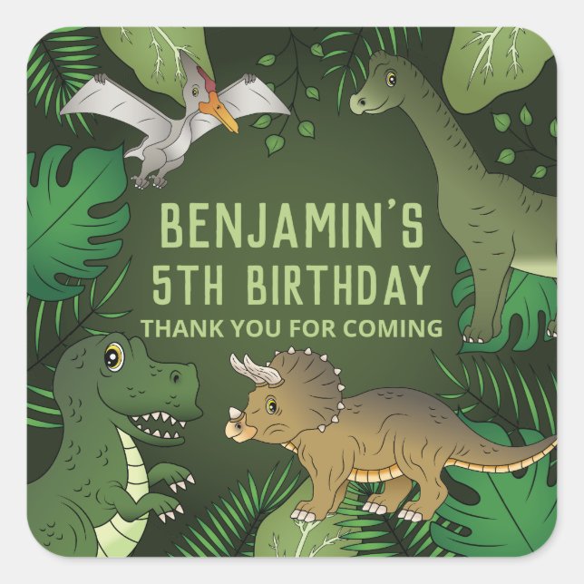 Dinosaurs On Green Leaves Birthday Party Thank You Square Sticker (Front)