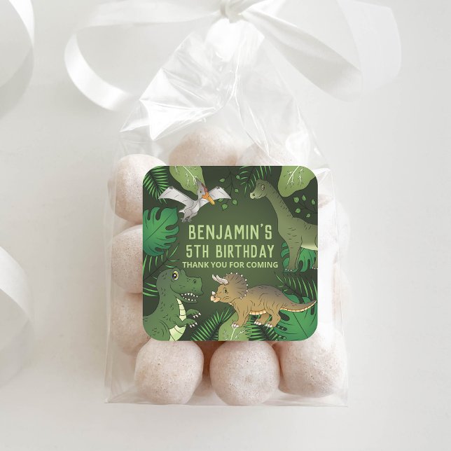 Dinosaurs On Green Leaves Birthday Party Thank You Square Sticker (Ideal for decorating party favors, for example.)