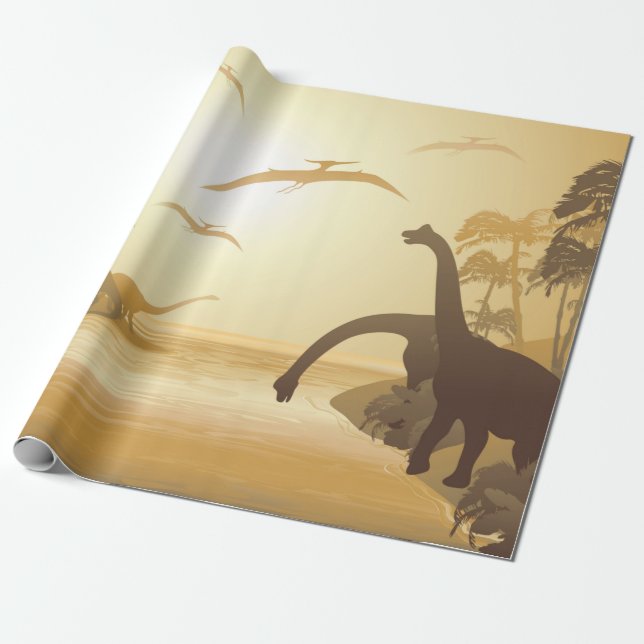 Dinosaurs on Tropical Jurassic Landscape  Wrapping Paper (Unrolled)