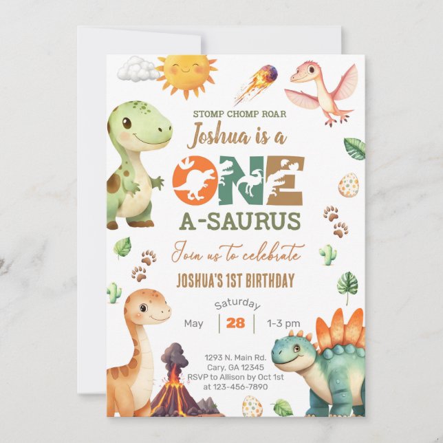 Dinosaurs One-A-Saurus 1st birthday invite. Invitation (Front)