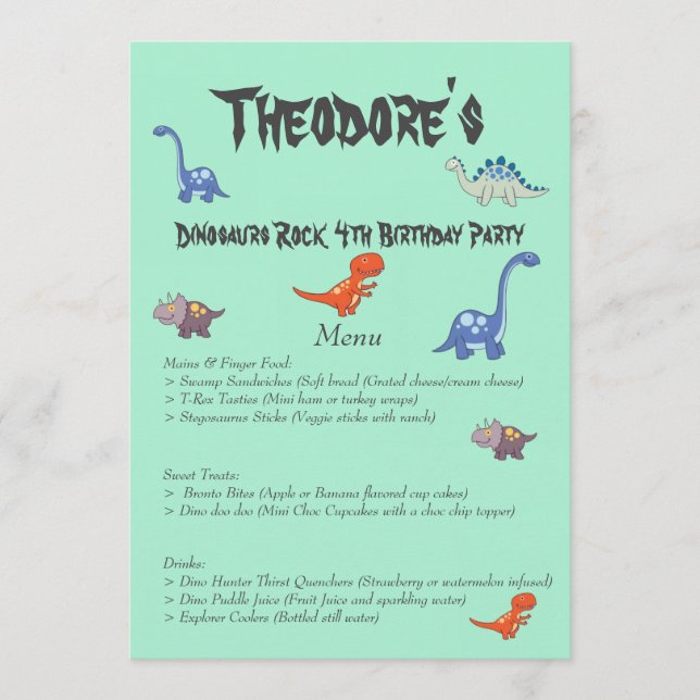 Dinosaurs Rock Birthday Party Menu (Front)